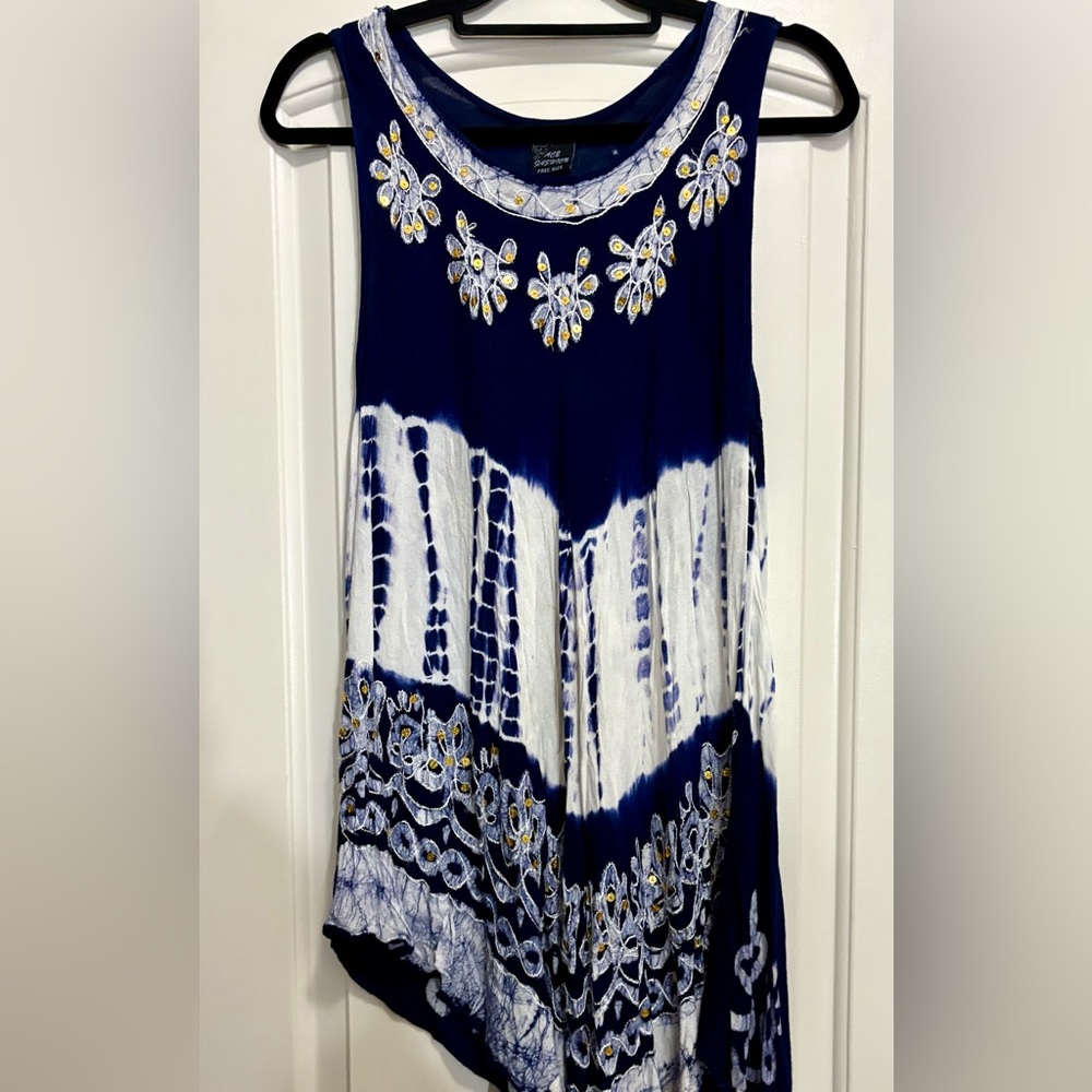 Blue and White Sleeveless Dress with Floral Embroidery